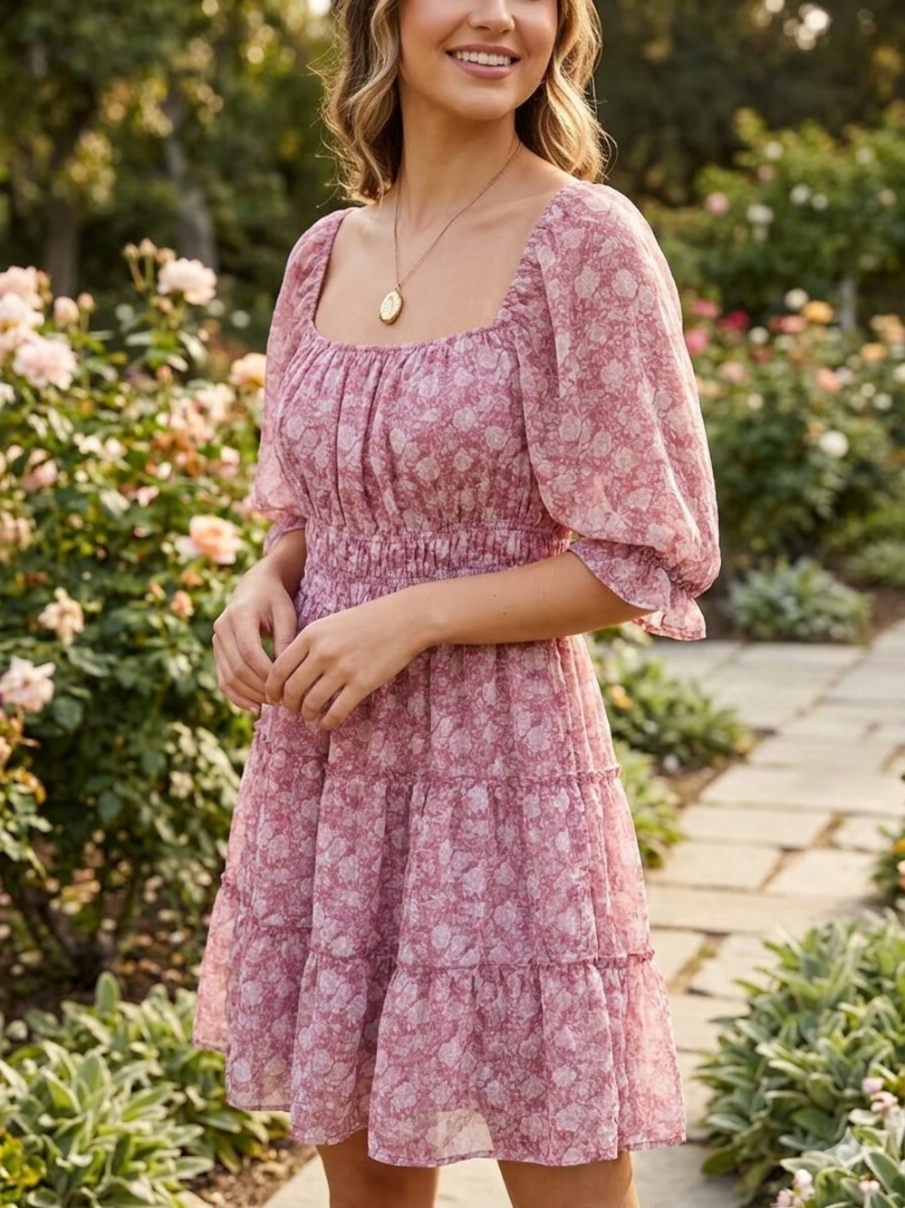 Trixxi Dusty Rose Floral Tiered Midi Dress -Cottagecore / Coquette